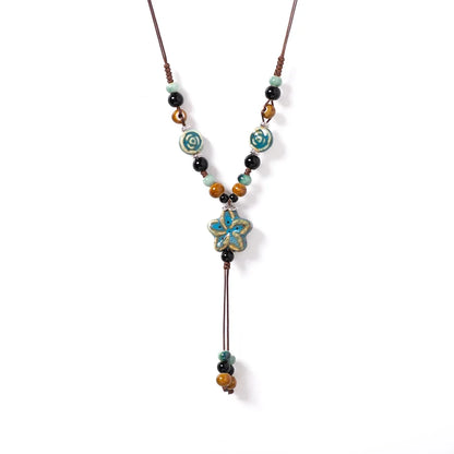 Handmade Ceramic Star Pendant Necklace - Adjustable Long Boho Blue Gem Jewelry for Women