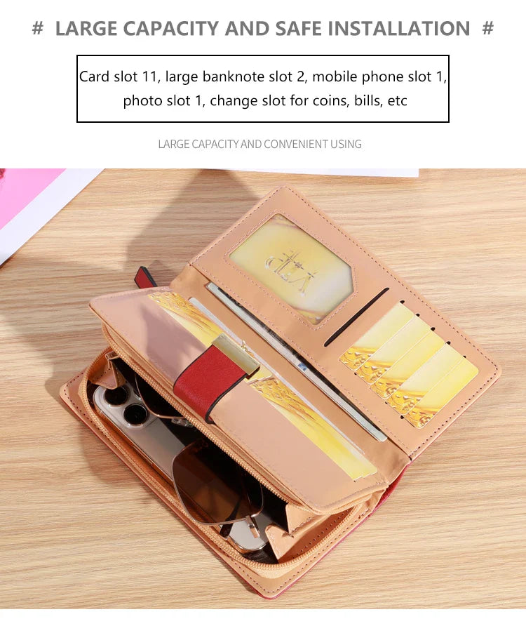 Women’s Long PU Leather Wallet – Gold Hollow Leaf Design Clutch Purse with Coin Pocket & Card Holders