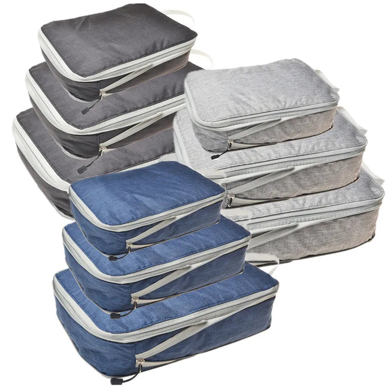 3-Piece Compressible Waterproof Nylon Packing Cubes Set – Portable Travel Storage Bags with Handbag Luggage Organizer