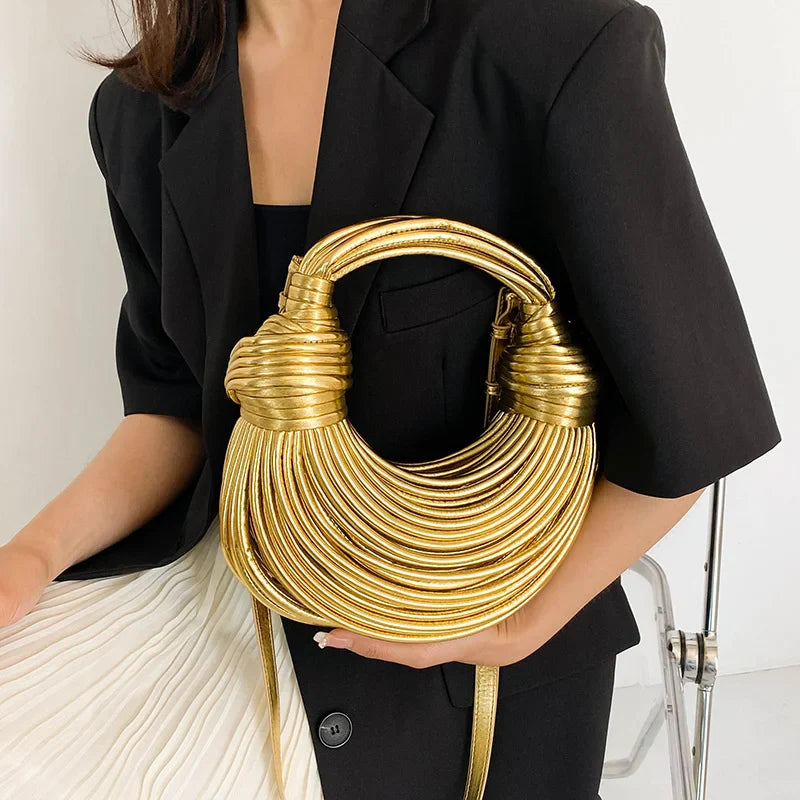 New Gold Luxury Designer Handbags for Women - Handwoven Noodle Bags with Rope Knotted Pulled Hobo, Silver Evening Clutch Chic