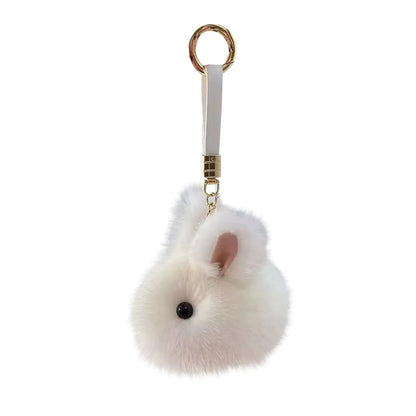 Fluffy Pompon Rabbit Keychain Rings – Cute Bunny Charm Bag & Car Key Pendant, White & Grey