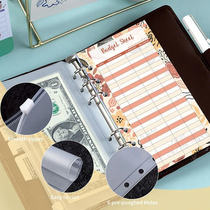 PU Leather Budget Binder with Cash Envelopes – A6 Planner Organizer, Zip Pockets for Saving Money, Small French Budget Pouch