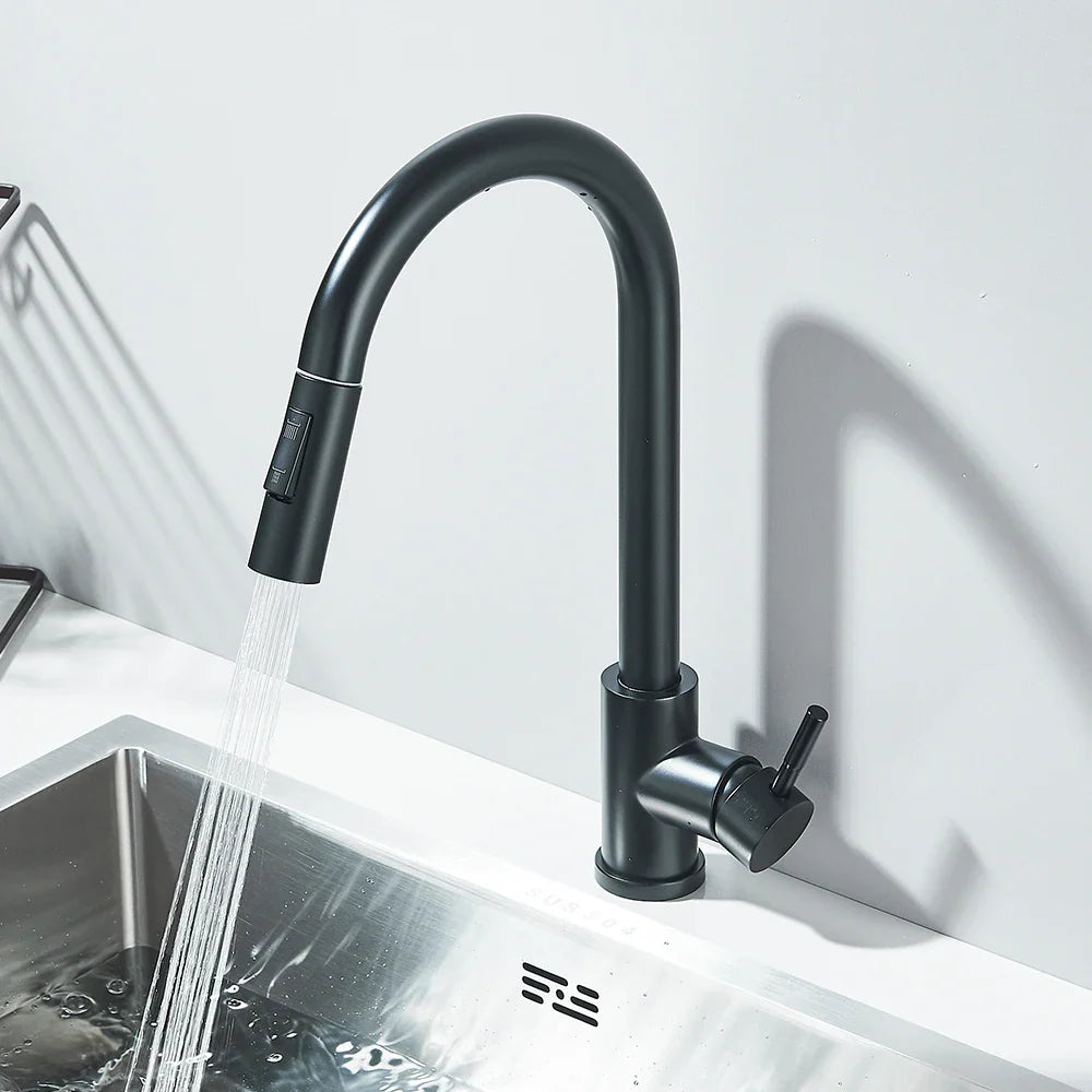Black Pull-Out Kitchen Faucet - Deck Mounted, Flexible Hot & Cold Water Sink Mixer Tap with Stream & Shower Modes Nozzle
