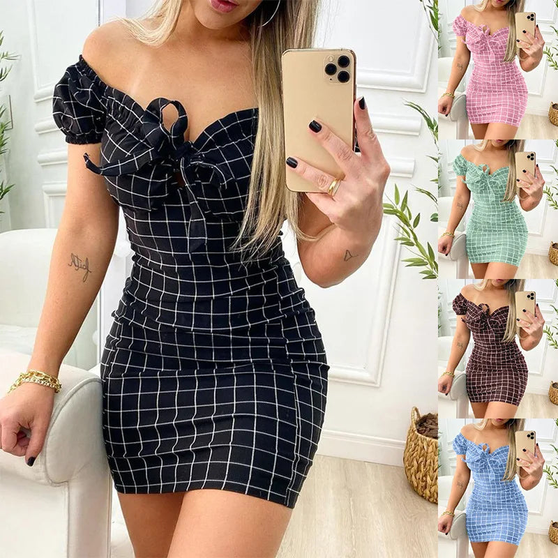 Summer Sexy Package Buttocks Dress - Cross-Border Grid Print Short Skirt