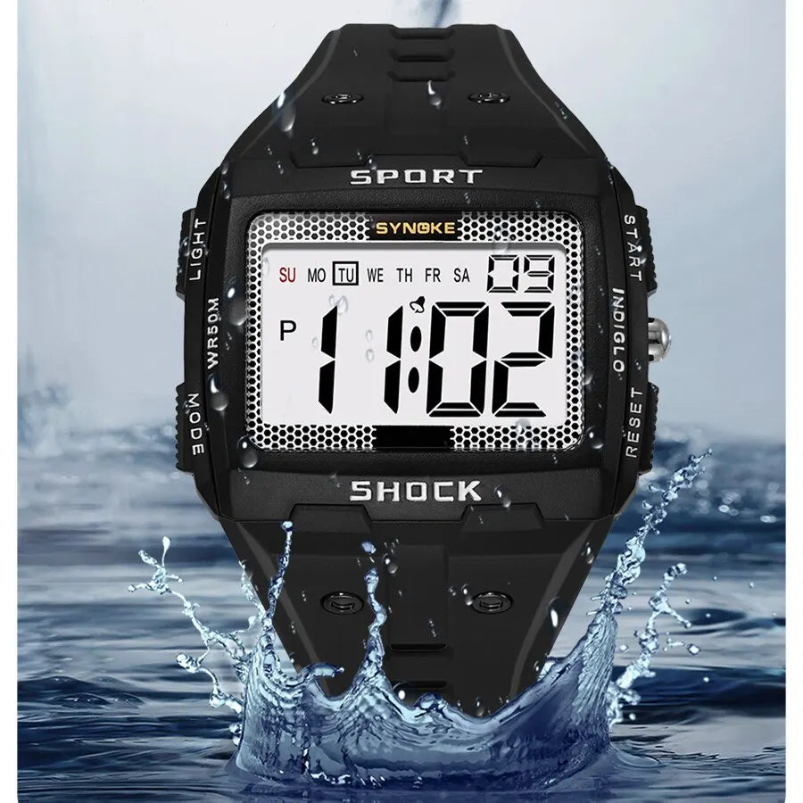 SYNOKE Men’s Sports Electronic Watch – Waterproof Night Glow Large Screen Square Outdoor Running & Camping Watch