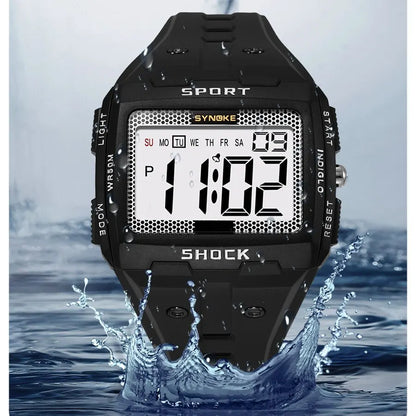 SYNOKE Men’s Sports Electronic Watch – Waterproof Night Glow Large Screen Square Outdoor Running & Camping Watch
