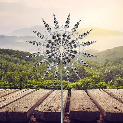 Metal Silvery 3D Wind Spinner — Circular Plate Outdoor Decoration for Garden, Courtyard & Patio