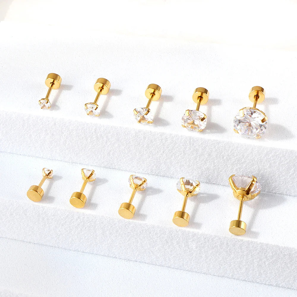 LUXUSTEEL Stainless Steel Crystal Stud Earrings –  4-Prong Cubic Zirconia Round Tragus Earrings for Women & Men