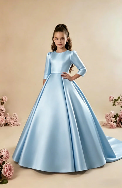 Girls First Communion Satin Dress - Long Sleeve A-Line Princess Gown for Weddings & Parties