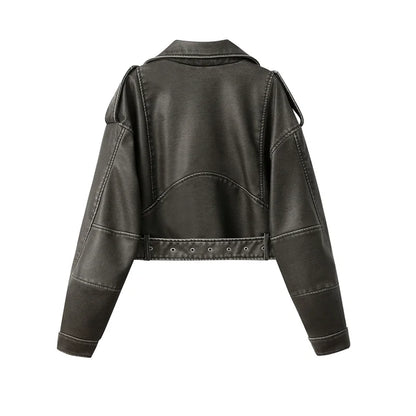 RARF 2024 Women's Washed Leather Jacket – Coal Gray Short Coat with Belt, Vintage Lapel & Zipper