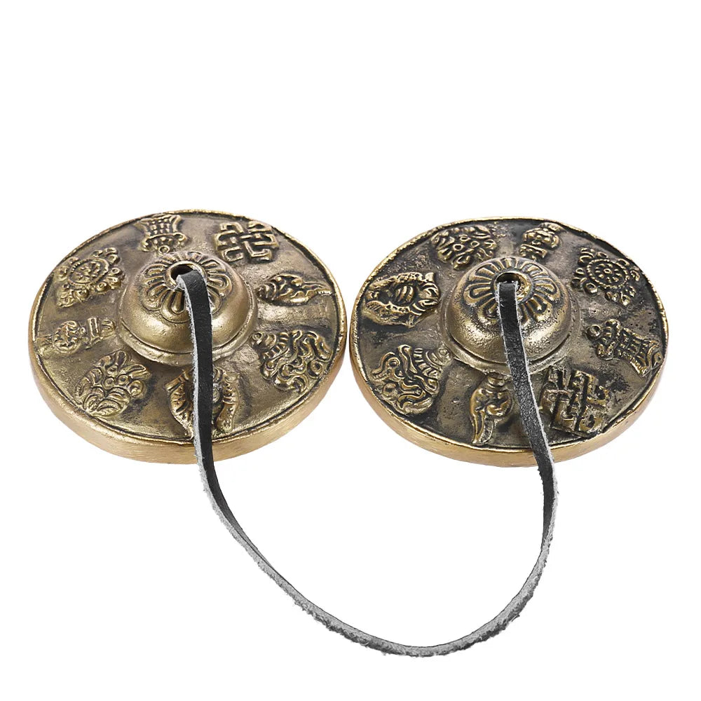 2.6in Handcrafted Tibetan Tingsha Cymbals - Meditation Bell with Buddhist Eight Auspicious Symbols