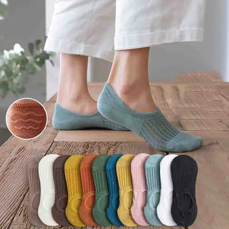 5 Pairs Women's Silicone Invisible Boat Socks - Summer Solid Color Ankle Socks, Soft Cotton Slipper, Size 35-40 EUR