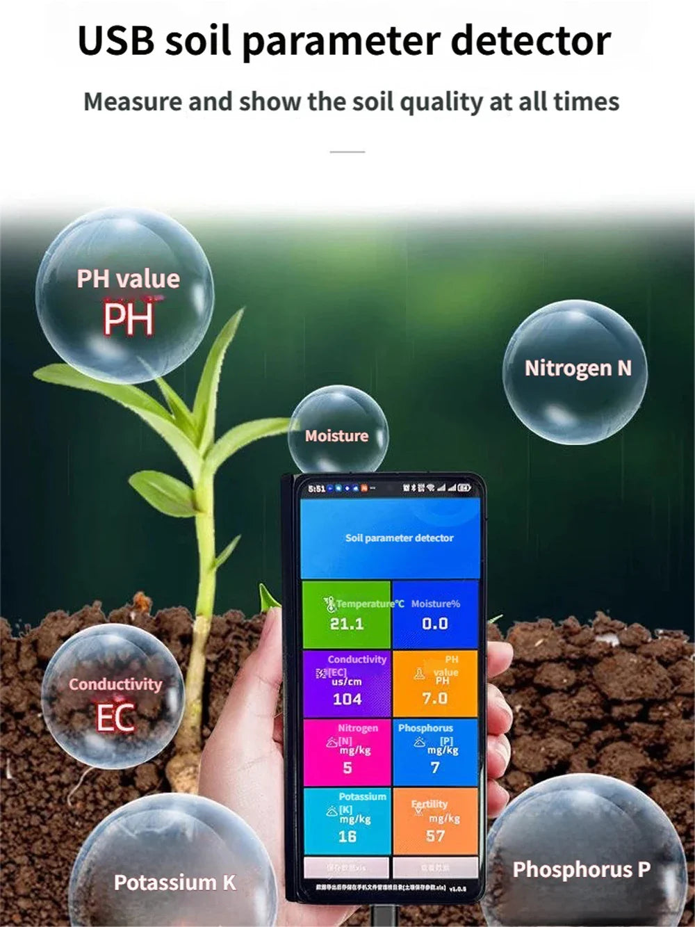 8-in-1 Premium Soil Tester PH EC Meter – 5-Pin Soil Sensor for Temperature, Moisture & NPK Fertility Detection for Farming