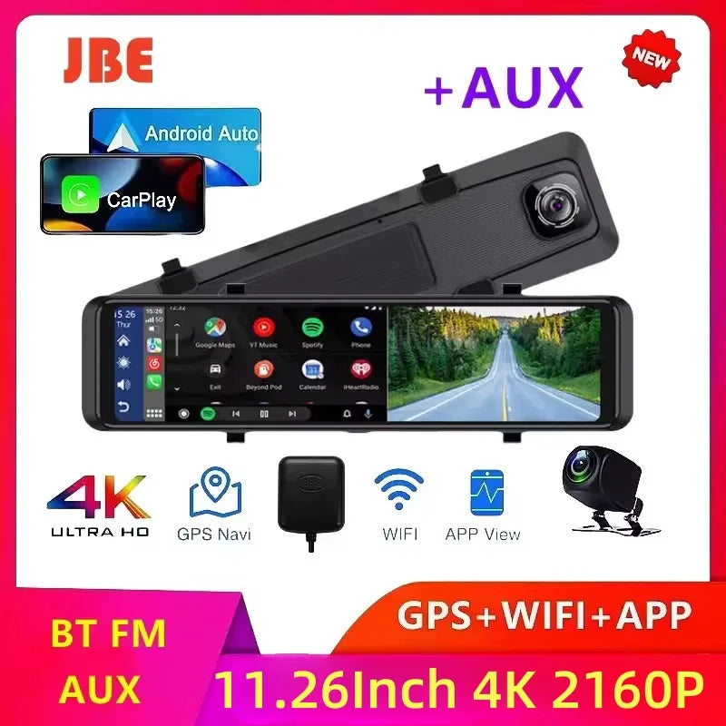4K Dash Cam Car Mirror – 3840x2160P Video Recording, Wireless CarPlay & Android Auto, 5G WiFi, GPS Navigation