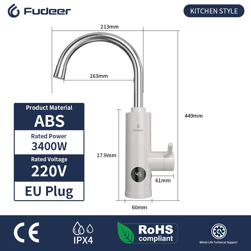 Fudeer 3400W 220V Electric Kitchen Water Heater Tap – Instant Hot & Cold Stainless Steel Faucet Heater