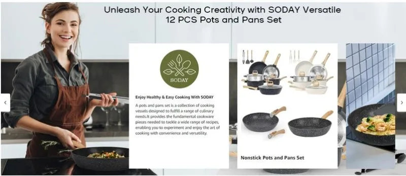 SODAY 12 Piece Granite Nonstick Cookware Set - Induction Compatible Kitchen Pots and Pans