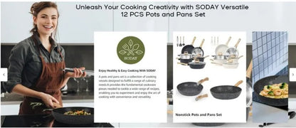 SODAY 12 Piece Granite Nonstick Cookware Set - Induction Compatible Kitchen Pots and Pans