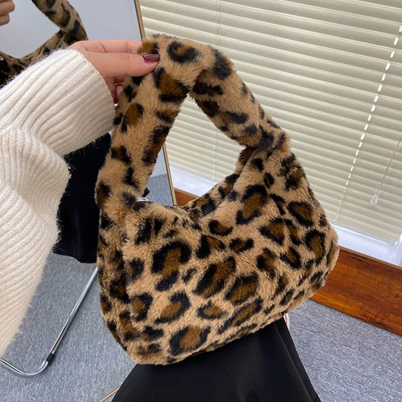 Leopard Plush Tote Bag - Soft Casual Underarm Shoulder Handbag for Women