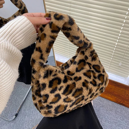 Leopard Plush Tote Bag - Soft Casual Underarm Shoulder Handbag for Women