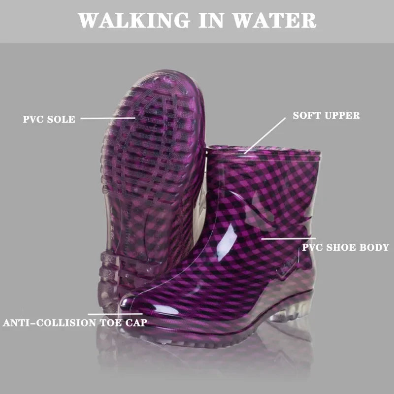 Women’s Black Polka Dot Rain Shoes – Waterproof, Non-Slip PVC Kitchen & Work Short Tube Boots for Summer