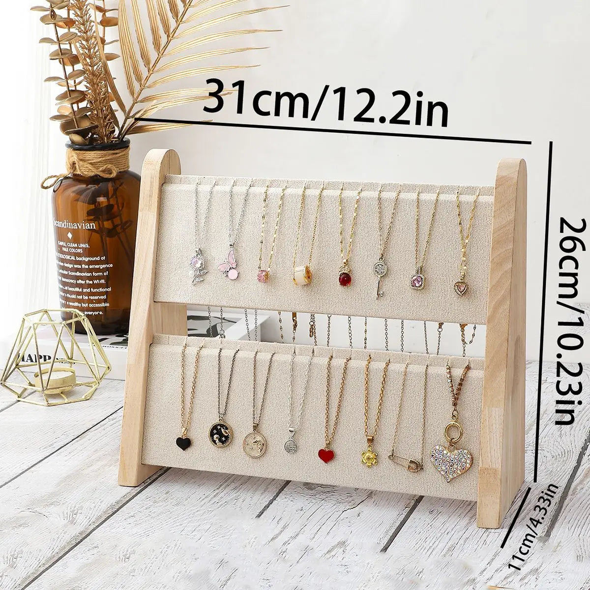 2-Layer Wooden Slope Jewelry Display Stand – Necklace & Pendant Organizer Rack Tray