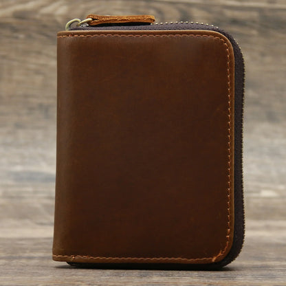 Men’s Genuine Leather Zipper Wallet – Compact Short Purse with Credit Card Slots, Cash & Coin Pocket