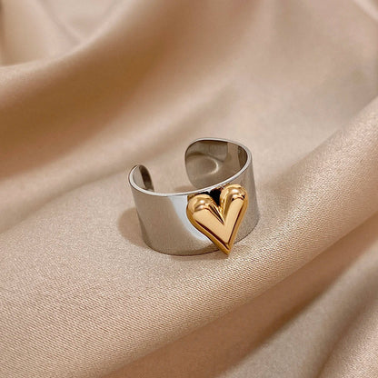 Greatera Stainless Steel Heart Cuff Ring – Wide Thick Statement Jewelry for Women & Men, European American Style