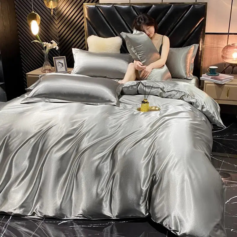 Solid Rayon Silk Bedding Set - Luxury Satin Duvet Cover Bed Sheet Pillowcase Set For King Single Double Couple Beds