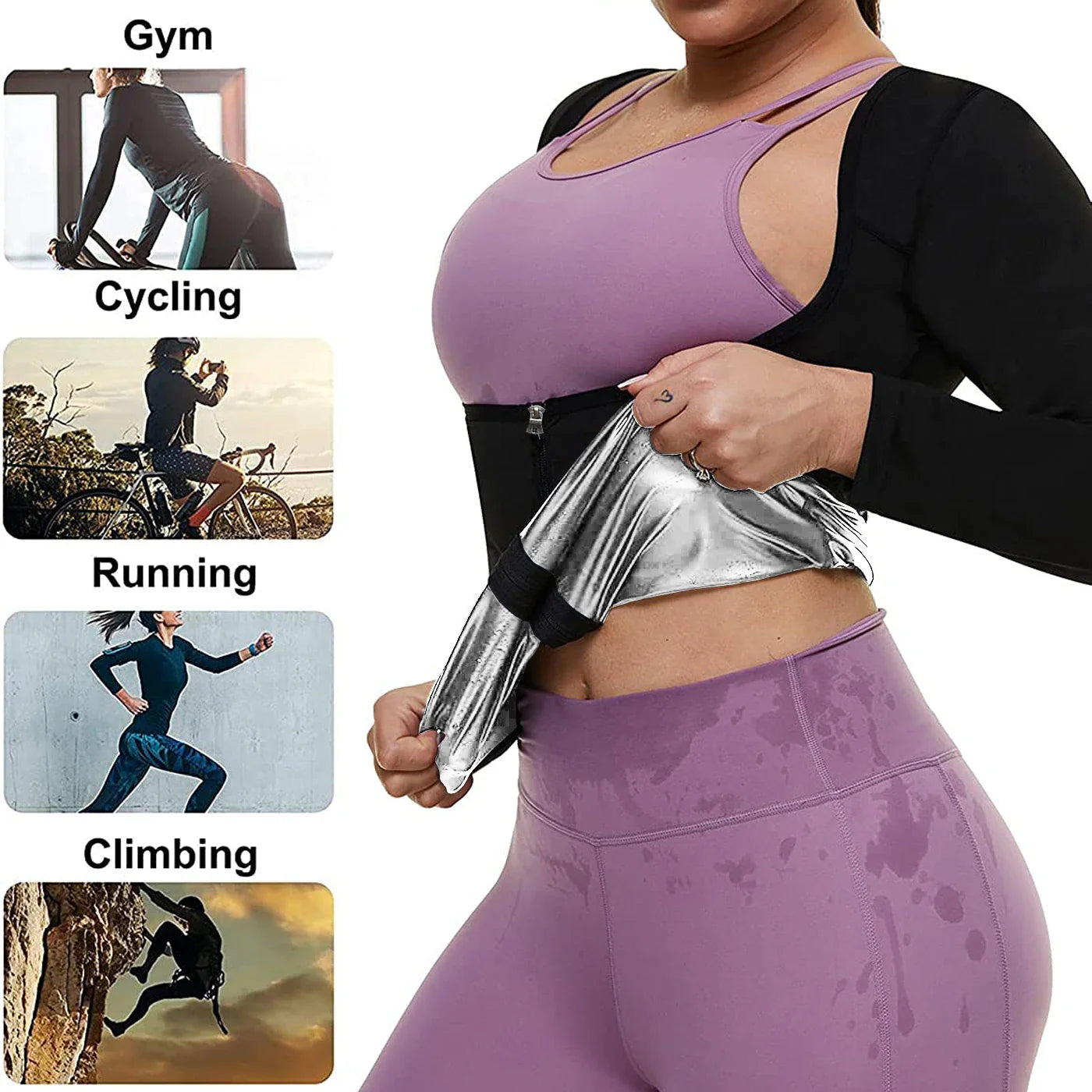 LISA SWEAT Sauna Suit for Women: Hot Body Shaper Long Sleeve Zipper Shirt - Sweat Waist Trainer Workout Top in Silver
