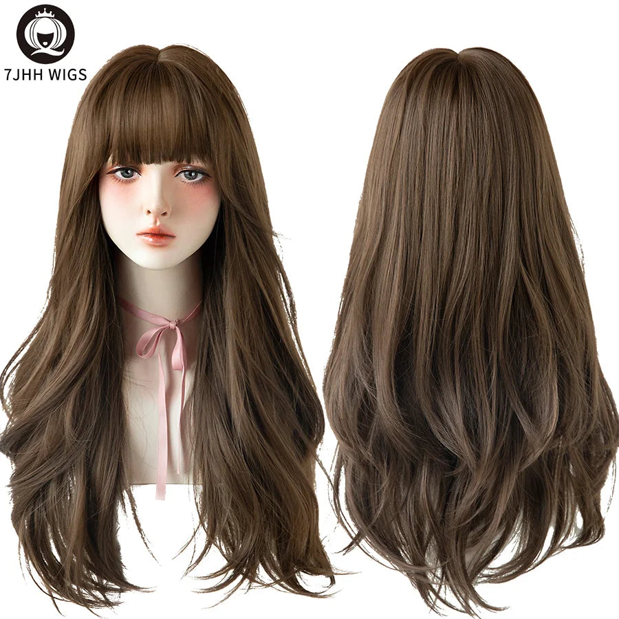 7JHH Brown Ash Long Deep Wave Lolita Wig for Women — Synthetic Hair with Bangs, Thick Curly Fashion Wig