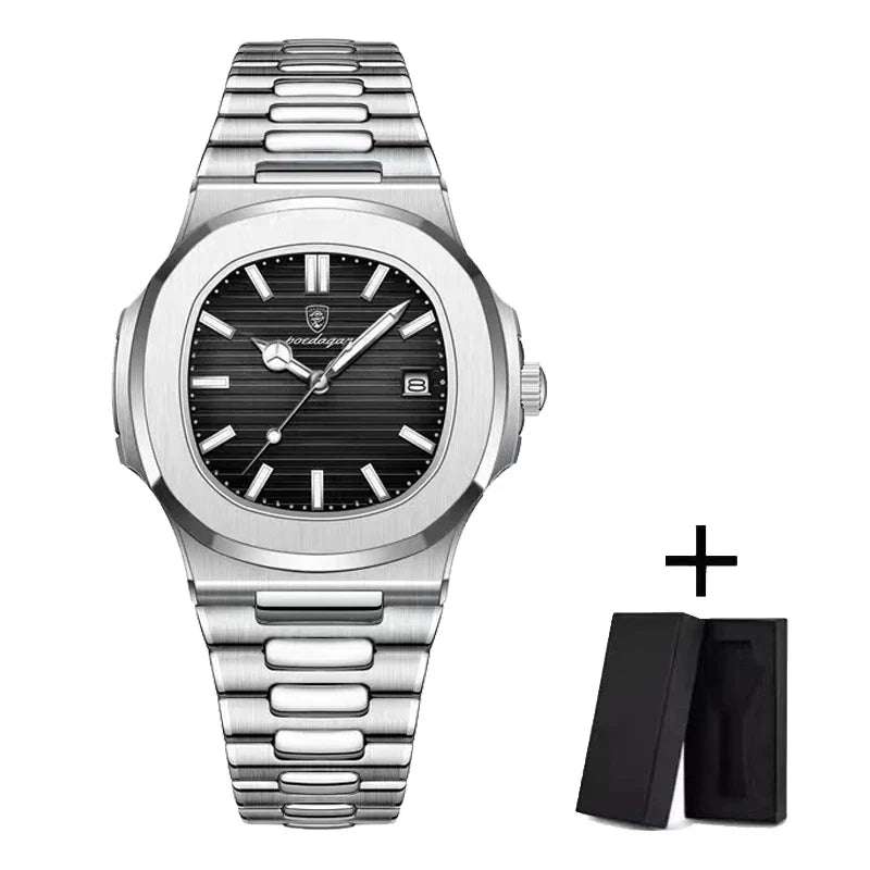POEDAGAR Luxury Men's Watch – 30ATM Waterproof, Stainless Steel Square Quartz, Luminous Date, Business reloj hombre