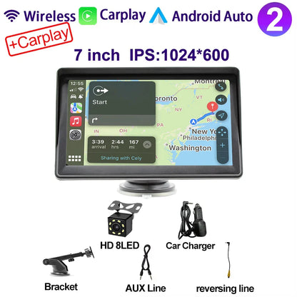 7 Inch IPS Portable Car Radio – WIFI Wireless CarPlay & Android Auto, Multimedia Video Player with Reversing Camera for Apple/Android