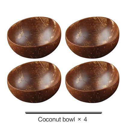Natural Coconut Bowl with Wooden Spoon – 12–15cm Handmade Tableware for Salad, Dessert, Rice & Ramen