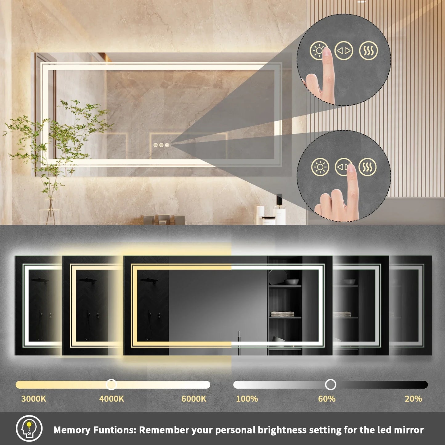 Extra Large Rectangle LED Bathroom Mirror – Dimmable, Anti-Fog, Shatter-Proof Vanity Mirror with Front & Backlight