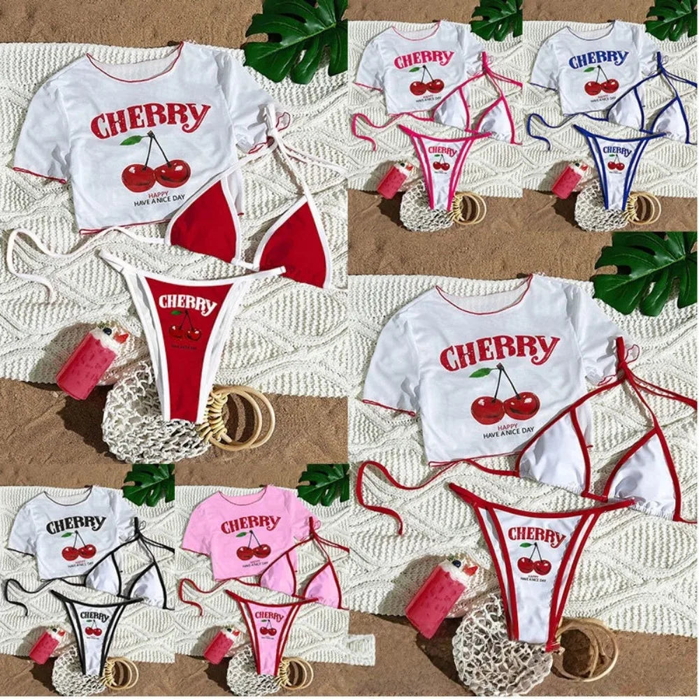 2026 Women’s Printed Mesh Bikini Set – Sexy 3-Piece Split Swimsuit Top Beachwear Swimwear