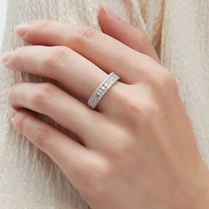 Newshe Moissanite Wedding Band for Women — Wide 925 Sterling Silver Promise & Engagement Ring with Round or Emerald Cut Simulated Diamond