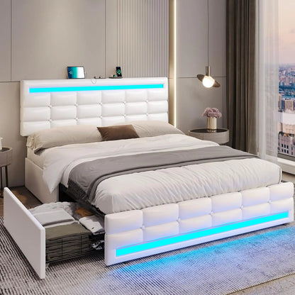 LED Full Size Bed Frame – Upholstered Platform Bed with LED Headboard & Footboard, Square Stitched Tufted Design