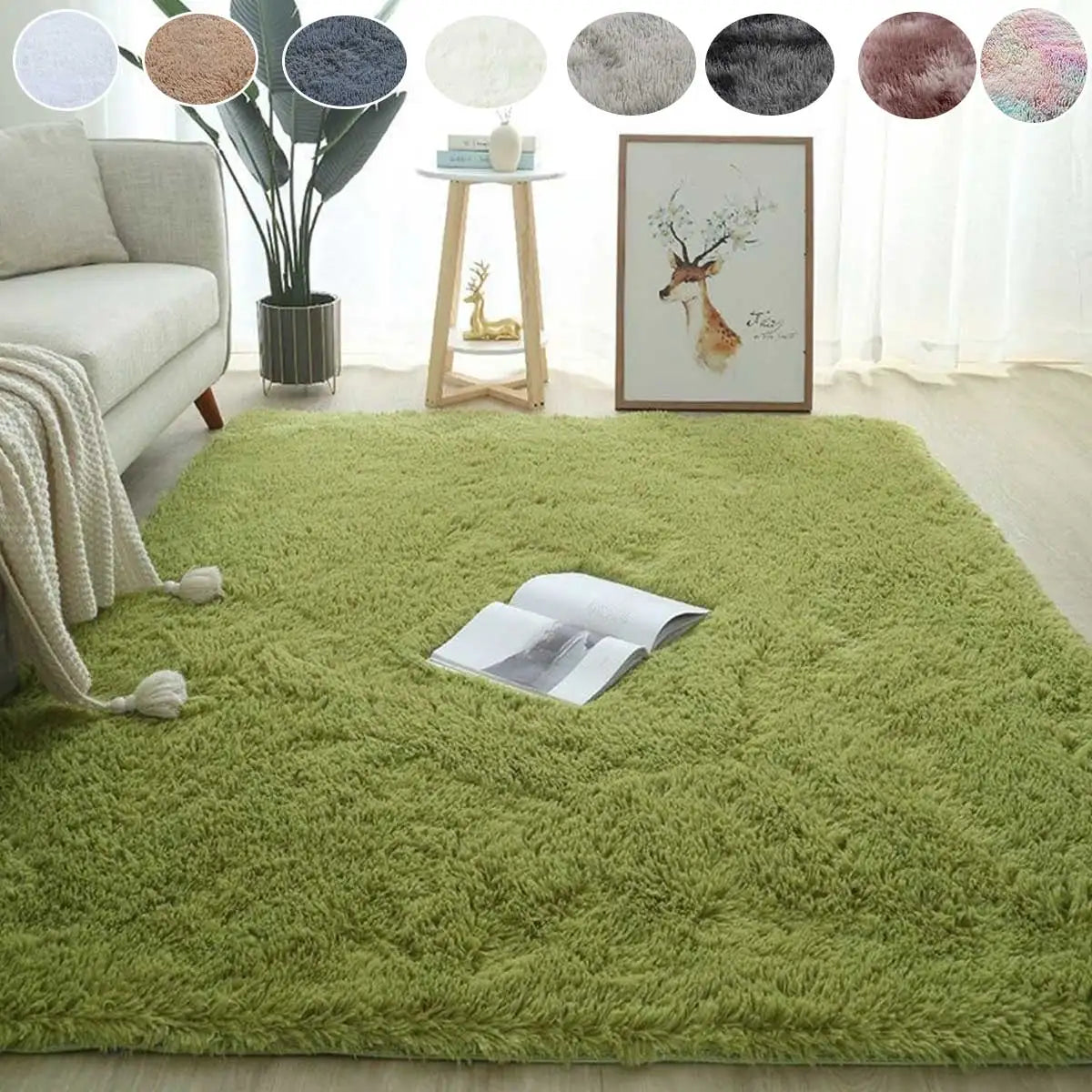 Plush Fluffy Area Rug – Soft Green & Pink Carpet for Living Room, Sofa, Coffee Table, Kids Room, Non-Slip Home Decor Mat