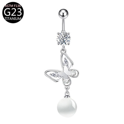 G23 Titanium Belly Button Ring - Zircon Butterfly Heart Dangle Navel Piercing Jewelry for Women 14G Sexy Style