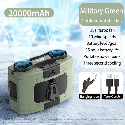 Portable Waist & Neck Hanging Fan – 5-Speed Strong Wind Cooling Fan with LED Light | 10000/20000mAh Rechargeable Battery, Outdoor Sports & Work Wearable Fan
