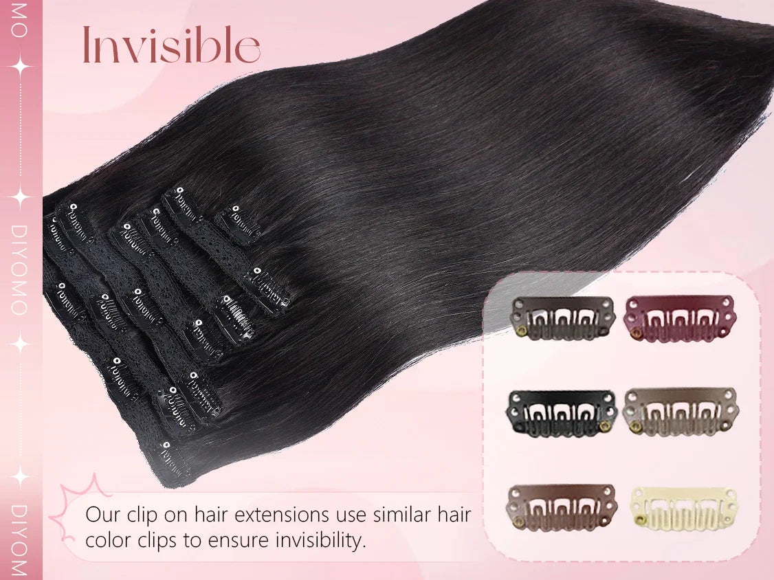 Natural Black Straight Human Hair Extensions - 7-Piece PU Clip-In Invisible Weft Set 116g