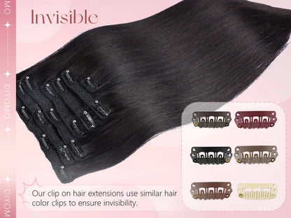 Natural Black Straight Human Hair Extensions - 7-Piece PU Clip-In Invisible Weft Set 116g