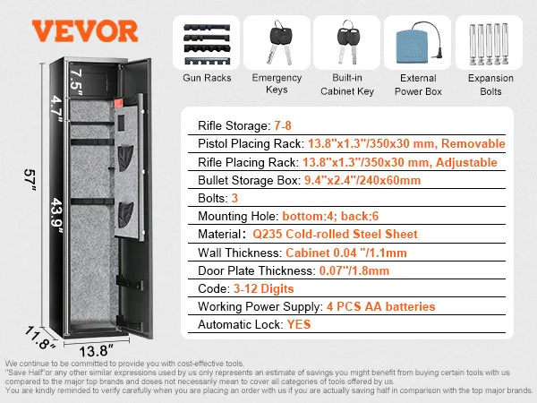 SucceBuy 3-8 Gun Safe – Digital Keypad Lock Cabinet with Removable Shelf for Rifles & Pistols