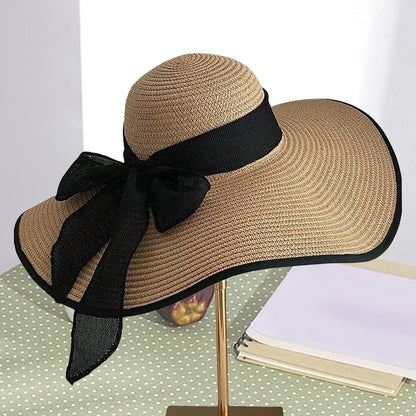 Women's Bow Straw Beach Hat - Oversized Wide Brim Summer Sun Protection Hat