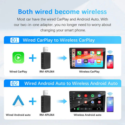 2 in 1 Wired to Wireless CarPlay and Android Auto Adapter - USB Plug and Play for OEM Car Stereo