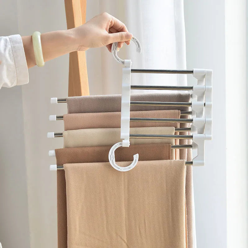 5-In-1 Magic Trouser Rack Hangers - Stainless Steel Folding Pant Rack, Tie Hanger, Shelves - Bedroom Closet Organizer, Wardrobe Storage