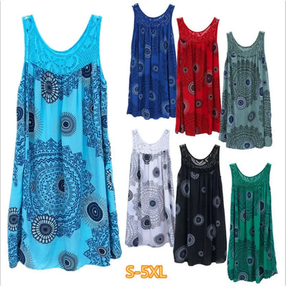 Women’s Summer Camisole Dress - Lace Print Sleeveless Loose Swing Maxi Dress Plus Size Long Skirt Outfit