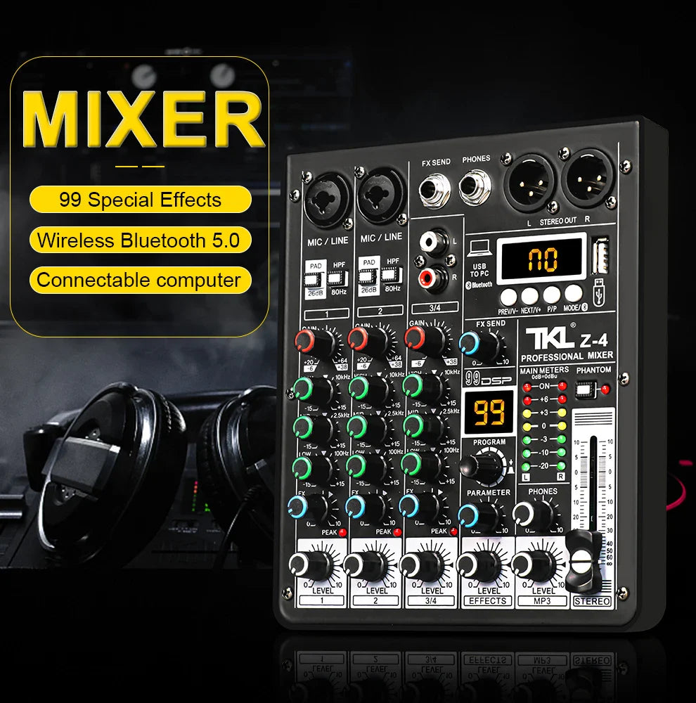 TKL 4-Channel DSP Audio Mixer with 48V Phantom Power, USB, Bluetooth DJ Console for Karaoke Studio Mixing