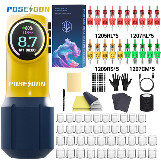 POSEIDON Tattoo Pen Kit – Wireless Yellow Tattoo Machine Set with Power Supply for Permanent Makeup & Professional Tattooing