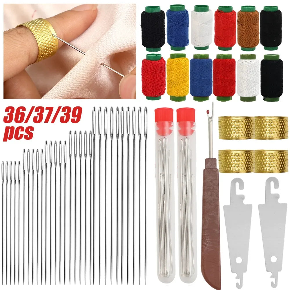 Big Eye Sewing Needle Set with Threader & Thimble – Steel Hand Stitching Kit for Embroidery, DIY Craft & Clothing Repair Tools